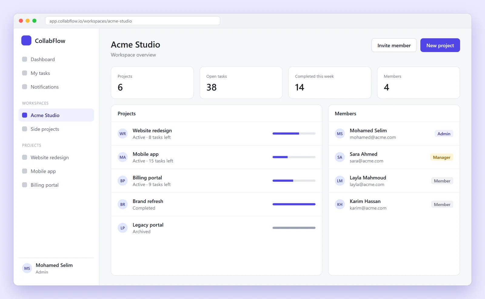 Interface design: workspace and projects