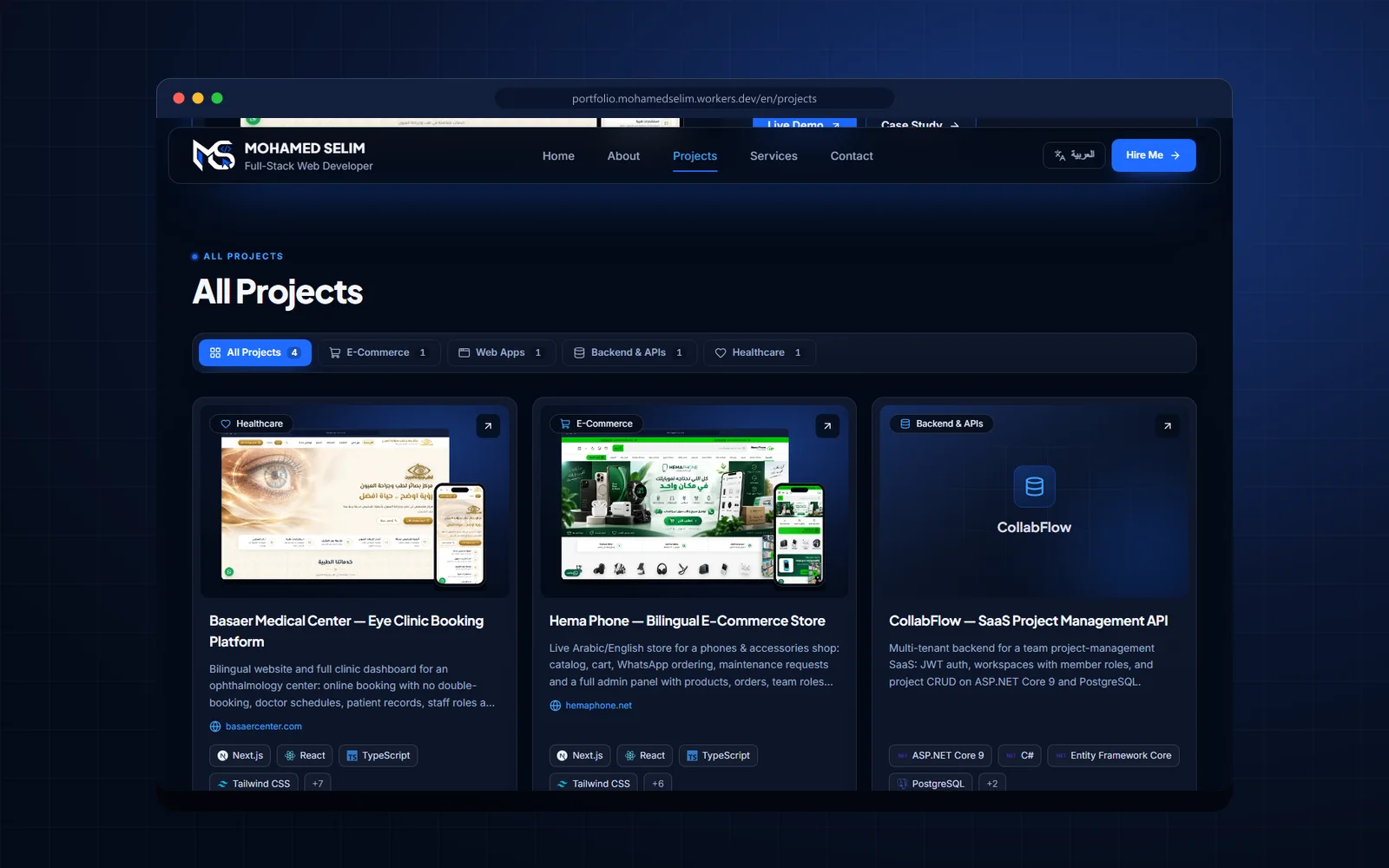 Projects page with category filters